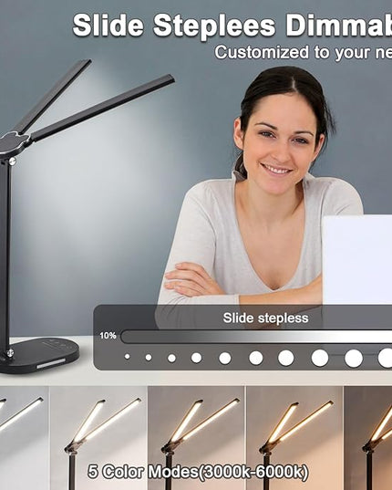 Doule Head Desk Lamp, Dimmable Desk Light, Adjustable Reading Lamps, Eye-Caring Table Lamp, Multi-Angle Adjustable and Foldabel Design Table Lamp - Black - LeafyLoom