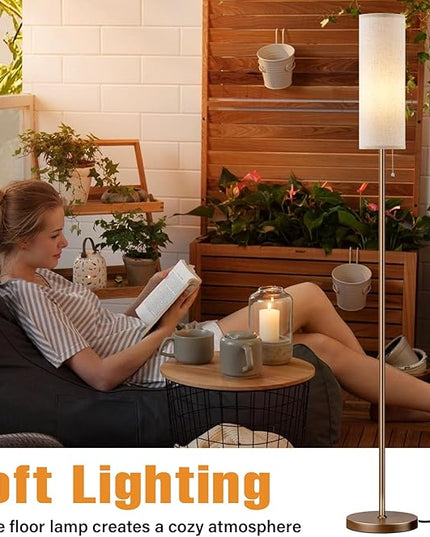 Ambimall Floor Lamp for Living Room with 3 Color Temperatures Bulb, 64" Standing lamp with Linen lampshade for Bedroom, Minimalist Pole Lamp, Dark Beige Shade & Brown Pole - LeafyLoom