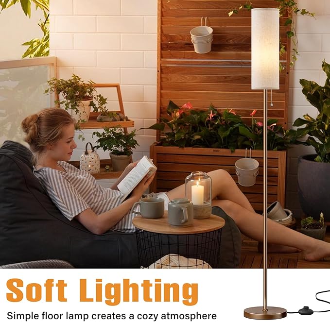 Ambimall Floor Lamp for Living Room with 3 Color Temperatures Bulb, 64" Standing lamp with Linen lampshade for Bedroom, Minimalist Pole Lamp, Dark Beige Shade & Brown Pole - LeafyLoom