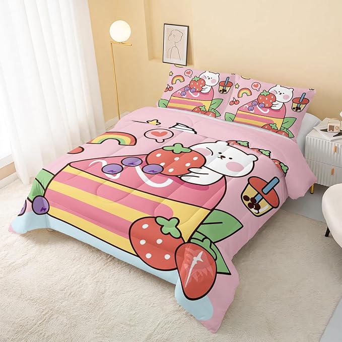 Kawaii Bear Comforter King,Pink Bear Comforter Set for Kids Teens Girls,3Pcs Bedding Set Printed Comforter with 2 Pillowcases,Down Alternative,Soft and Lightweight，King Size - LeafyLoom