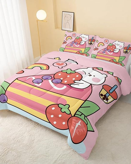Kawaii Bear Comforter Full,Pink Bear Comforter Set for Kids Teens Girls,3Pcs Bedding Set Printed Comforter with 2 Pillowcases,Down Alternative,Soft and Lightweight，Full Size - LeafyLoom