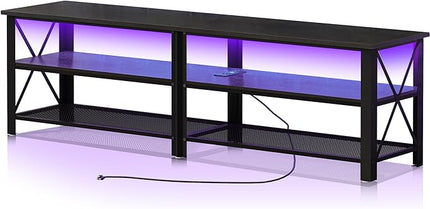 Clikuutory Modern Black 71 inch Metal TV Stand with LED Lights and Power Outlets for 50 60 65 70 75 80 Inch TVs, 3 Tier Television Stands with Entertainment Center and Storage for Living Room, Bedroom - LeafyLoom