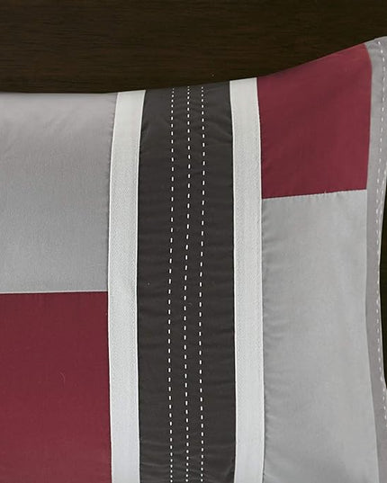 Mi Zone Cozy Comforter Set Geometric Stripes Vibrant Color Design All Season Bedding Matching Shams, Decorative Pillow, Twin/Twin XL, Red/Grey, 3 Piece - LeafyLoom