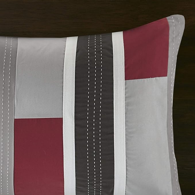 Mi Zone Cozy Comforter Set Geometric Stripes Vibrant Color Design All Season Bedding Matching Shams, Decorative Pillow, Twin/Twin XL, Red/Grey, 3 Piece - LeafyLoom