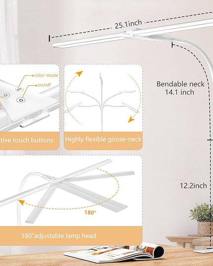 EppieBasic LED Desk lamp,Double Head Architect Desk Lamps for Home Office,Extra Bright Workbench Office Lighting,Eye Protection Modern Desk Light for Monitor Working Reading White 1200LM - LeafyLoom