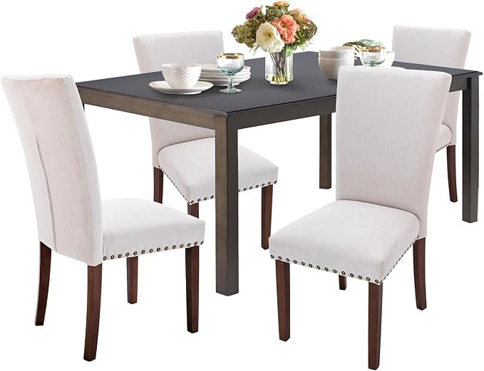 COLAMY 5-Piece Dining Table Set for 4, 60" Kitchen Wood Table with 4 Nailhead Dining Room Chairs, Brown/Beige - LeafyLoom