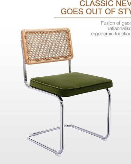 Zesthouse Dining Chairs Set of 4, Velvet Accent Chairs with Natural Cane Back & Stainless Chrome Base, Modern Mid Century Breuer Designed Chairs, Upholstered Rattan Dining Room Kitchen Chairs - LeafyLoom