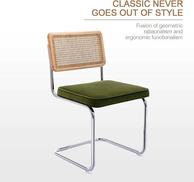 Zesthouse Mid Century Modern Dining Chairs Set of 2, Velvet Accent Chairs with Natural Cane Back & Stainless Chrome Base, Famous Breuer Designed Chairs, Upholstered Rattan Kitchen Chairs,Green - LeafyLoom