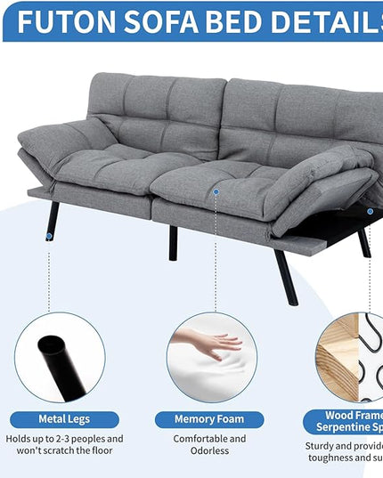 MUUEGM Futon Sofa Bed,Convertible Memory Foam Futons Couch Bed,Folding Sofa Bed Sleeper Couch Loveseat for Living Room,office,Apartment,Small Space,Adjustable Backrest Armrests,Light Grey - LeafyLoom
