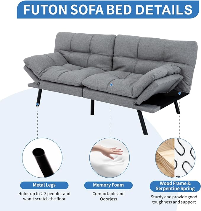MUUEGM Futon Sofa Bed,Convertible Memory Foam Futons Couch Bed,Folding Sofa Bed Sleeper Couch Loveseat for Living Room,office,Apartment,Small Space,Adjustable Backrest Armrests,Light Grey - LeafyLoom