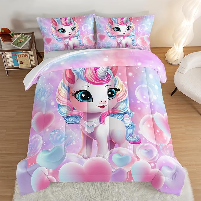 HOSIMA Unicorn Twin Bedding Sets for Girls Teens,Cartoon Kawaii Unicorn Comforter Bubble and Love Heart Bedding Set,Fantasy Unicorn Bedroom Decor for Girls Pink Purple Comforter with 2 Pillowcases. - LeafyLoom