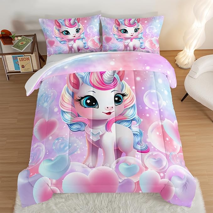 HOSIMA Unicorn Bedding Sets for Girls Teens,Cartoon Kawaii Unicorn Comforter Bubble and Love Heart Bedding Set,Fantasy Unicorn Bedroom Decor for Girls Pink Purple Queen Comforter Set. - LeafyLoom