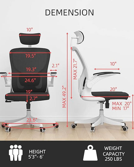 Office Chair, Ergonomic Office Chair with Lumbar Support & 3D Headrest & Flip Up Arms Home Office Desk Chairs Rockable High Back Swivel Computer Chair White Frame Black Mesh Study Chair - LeafyLoom