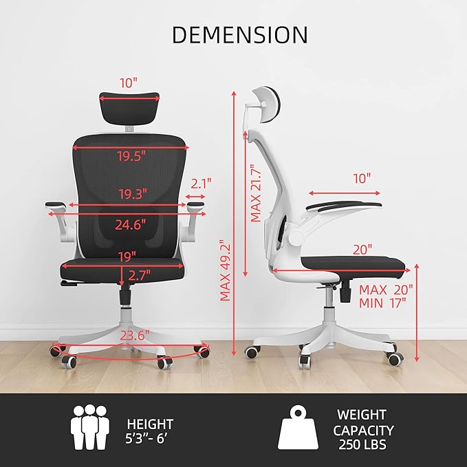Office Chair, Ergonomic Office Chair with Lumbar Support & 3D Headrest & Flip Up Arms Home Office Desk Chairs Rockable High Back Swivel Computer Chair White Frame Black Mesh Study Chair - LeafyLoom