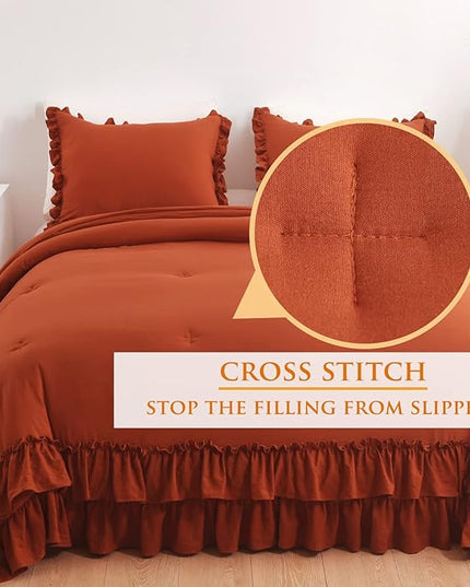 Terracotta Ruffle Comforters Queen Size Set,Burnt Orange Shabby Boho Chic Comforter Farmhouse Terracotta Bedding Sets 3PCS（1 Ruffled Comforter and 2 Pillowcases） - LeafyLoom