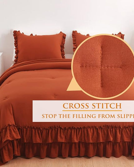 Terracotta Ruffled Comforter King Size,Shabby Burnt Orange Chic Farmhouse Bedding Lightweight Fluffy Ruffle Bed Comforter Aesthetic Rustic Bed Set 3 Pieces - LeafyLoom