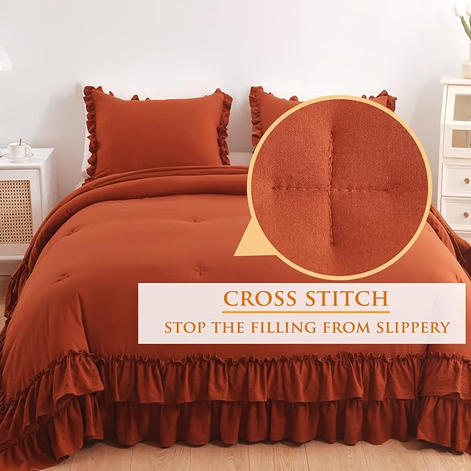 Terracotta Ruffled Comforter King Size,Shabby Burnt Orange Chic Farmhouse Bedding Lightweight Fluffy Ruffle Bed Comforter Aesthetic Rustic Bed Set 3 Pieces - LeafyLoom