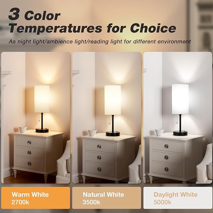 Dicoool 18Inch Tall Bedroom Lamps with USB C and A Ports 3 Color Temperatures - Pull Chain White Nightstand Bedside Table Lamp with AC Outlet, Side Lamp for Living Room End Table - LeafyLoom
