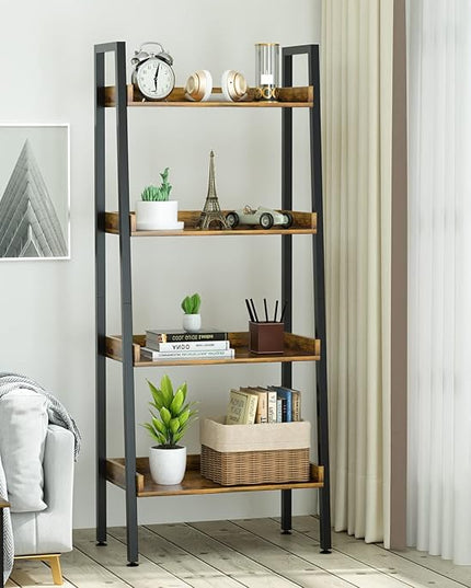 ASTARTH 4 Tier Bookshelves Ladder Bookshelf w/Open Shelf for Storage, Ladder Shelf & Bookcases for Bedroom, Living Room, Kitchen, Small Space-56.7'' H, Easy Assembly, Rustic Brown - LeafyLoom