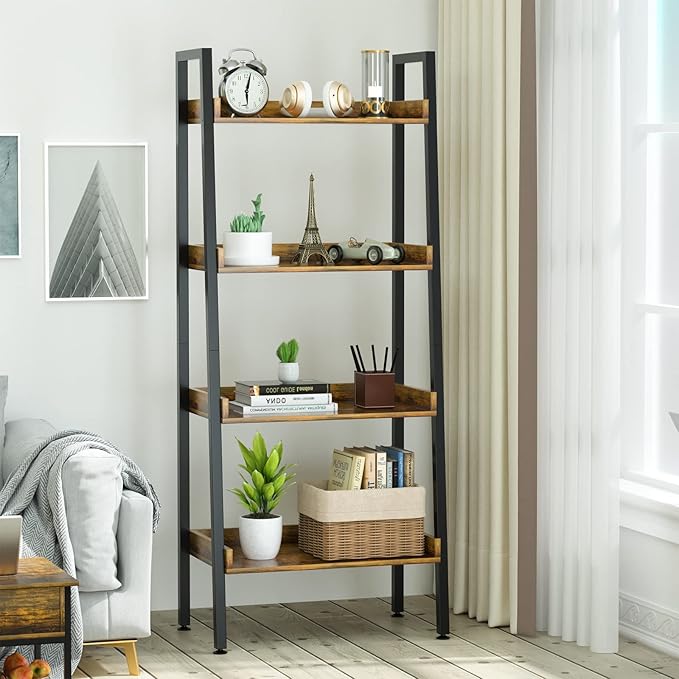 ASTARTH 4 Tier Bookshelves Ladder Bookshelf w/Open Shelf for Storage, Ladder Shelf & Bookcases for Bedroom, Living Room, Kitchen, Small Space-56.7'' H, Easy Assembly, Rustic Brown - LeafyLoom