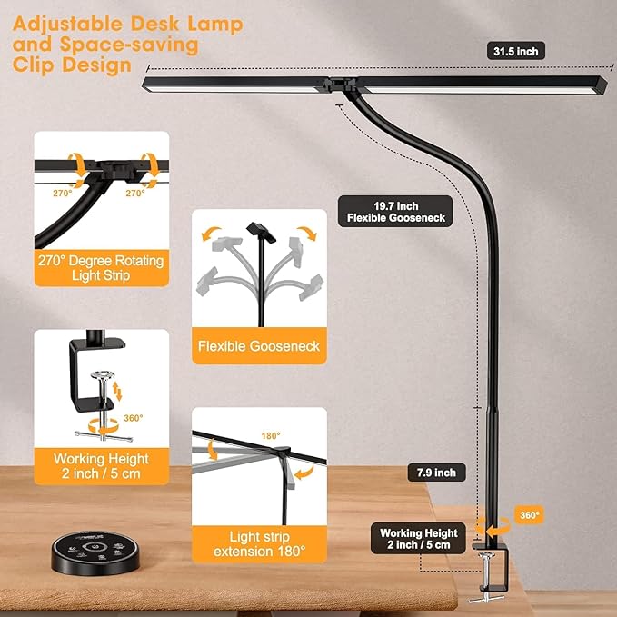 Led Desk Lamp for Office Home - Eye Caring Architect lamp with Clamp,Dual Screen Computer Monitor Gooseneck Smart Light: 24W 5 Color Flexible Adjustable Lighting Table Lamp for Study Drafting - LeafyLoom