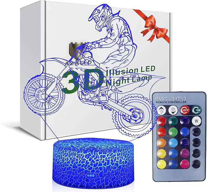 Motorbike Night Light,Motorcycle 3D Illusion Lamp with Remote Control&Smart Touch 16 Colors USB Cable Dirt Bike Gifts for Motocross Players Boys Teens - LeafyLoom