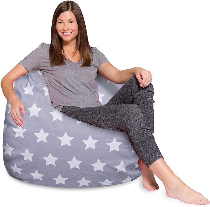 Posh Creations Bean Bag Chair for Kids, Teens, and Adults Includes Removable and Machine Washable Cover, Canvas White Stars on Gray, 48in - X-Large - LeafyLoom