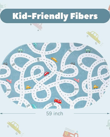 Small Road Rug for Kids Room, 3'x5' Washable Kids Play Rug for Baby Nursery, Non-Slip Car Rug for Playroom, Kids Play Mat Blue Traffic Carpet for Boys Girls Dorm Toy Room Tent - LeafyLoom