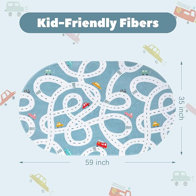 Small Road Rug for Kids Room, 3'x5' Washable Kids Play Rug for Baby Nursery, Non-Slip Car Rug for Playroom, Kids Play Mat Blue Traffic Carpet for Boys Girls Dorm Toy Room Tent - LeafyLoom