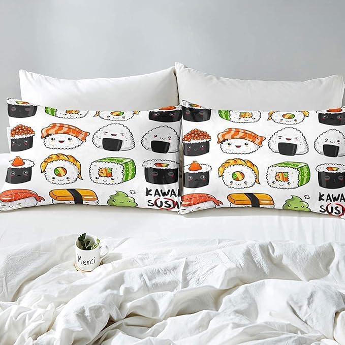Erosebridal Kawaii Sushi Pattern Comforter Set King, Japanese Style Down Comforter, Food Theme Quilted Duvet for Kids Boys Girls Teens, Cute Cartoon Japanese Sushi Quilt Set Room Decorative - LeafyLoom