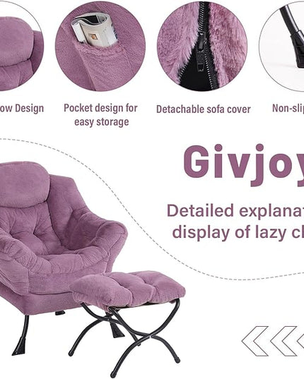 Plush Lazy Chair and Ottoman, Large Contemporary Accent Lounge Chair with Armrests and a Side Pocket, Modern Leisure Upholstered Sofa Reading Armchair with Footrest for Bedroom, Living Room - LeafyLoom