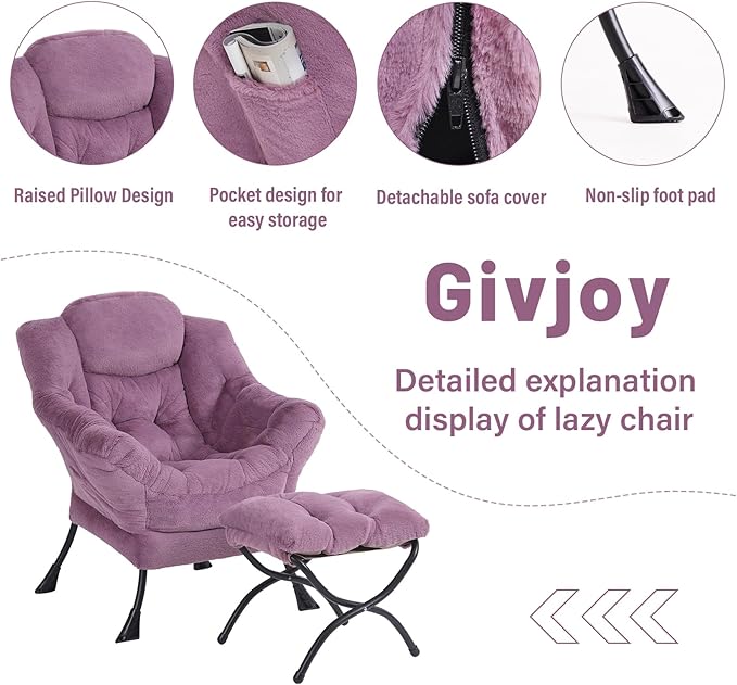 Plush Lazy Chair and Ottoman, Large Contemporary Accent Lounge Chair with Armrests and a Side Pocket, Modern Leisure Upholstered Sofa Reading Armchair with Footrest for Bedroom, Living Room - LeafyLoom