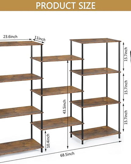 melos 4 Tier Bookshelf, Industrial Bookcase, Large Etagere Bookshelf Open Display Shelves with Metal Frame and 2 Anti-Tipping Strap, Brown - LeafyLoom