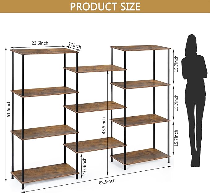 melos 4 Tier Bookshelf, Industrial Bookcase, Large Etagere Bookshelf Open Display Shelves with Metal Frame and 2 Anti-Tipping Strap, Brown - LeafyLoom