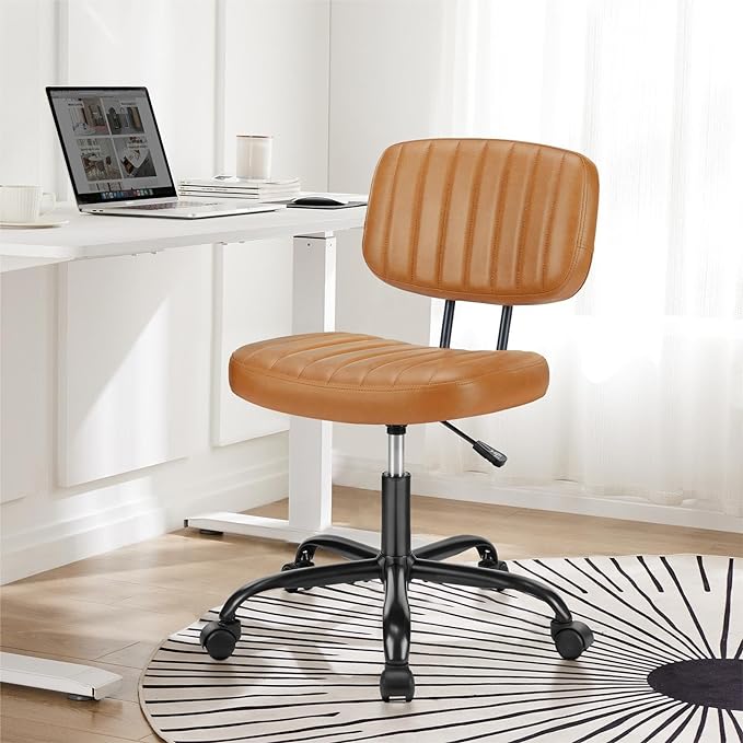 DUMOS Armless Home Office Chair Ergonomic Desk with Comfy Low Back Lumbar Support, Height Adjustable PU Leather Computer Task with 360° Swivel Wheels, for Small Space, Kids and Adults, Brown - LeafyLoom