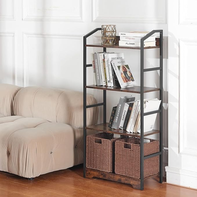Vagusicc 4 Tier Bookshelf with 2 Storage Baskets, Tall Bookcase Shelf Storage Organizer Wood Book Shelf, Modern Shelf Rack Shelves with Steel Frame, Multipurpose Bookshelf for Bedroom Living Room - LeafyLoom