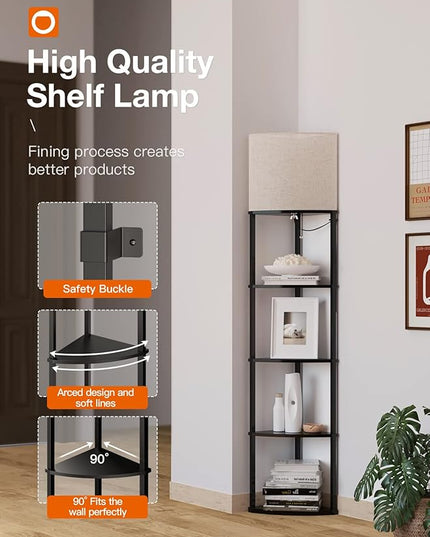 addlon corner lamp 5-Tier Shelf Floor Lamp Display with 3 Color Temperatures LED Bulb and Linen Lamp Shade, Shelves for Living Room, Bedroom and Office - Black - LeafyLoom