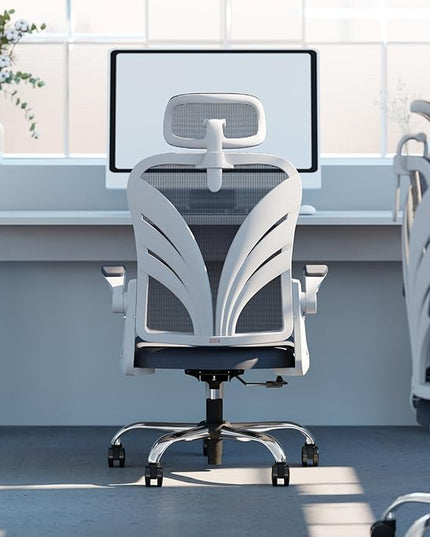 Ergonomic Office Chair with Foldable Backrest, Computer Desk Chair with Flip-up Armrests, Mesh Lumbar Support and 2D Headrest Big and Tall Office Chair, White - LeafyLoom