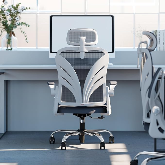 Ergonomic Office Chair with Foldable Backrest, Computer Desk Chair with Flip-up Armrests, Mesh Lumbar Support and 2D Headrest Big and Tall Office Chair, White - LeafyLoom