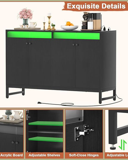 Aheaplus Sideboard Buffet Cabinet with Power Outlet, Kitchen Storage Cabinet with LED Light & Doors, Accent Cabinet Cupboard Buffet Table with Storage for Dining Room, Living Room, Hallway, Black - LeafyLoom