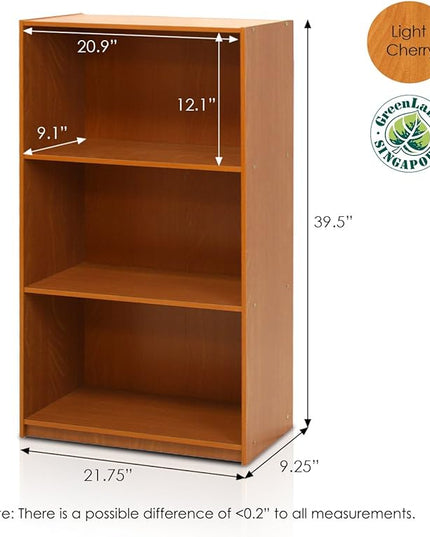 Furinno Basic 3-Tier Bookcase Storage Shelves, Light Cherry - LeafyLoom