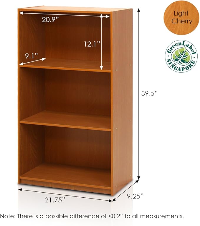 Furinno Basic 3-Tier Bookcase Storage Shelves, Light Cherry - LeafyLoom