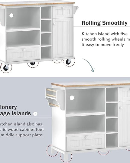 Kitchen Island with Storage, Rolling Table on Wheels Solid Wood Desktop, Microwave Cabinet, Floor Standing Buffet Server Sideboard for Dinning Room - LeafyLoom