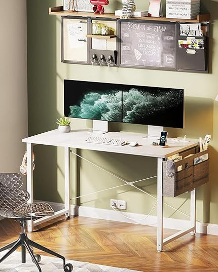 KKL Small Desk with Power Outlets and USB Port Computer Desk for Home Office Gaming Simple Modern Style Writing Desks with Storage Bag Headphone Hook, 40 inch, White - LeafyLoom