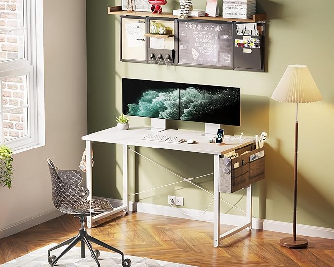 KKL Small Desk with Power Outlets and USB Port Computer Desk for Home Office Gaming Simple Modern Style Writing Desks with Storage Bag Headphone Hook, 40 inch, White - LeafyLoom