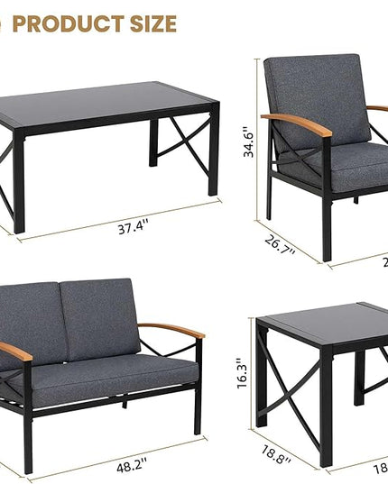 Shintenchi 5 Piece Outdoor Patio Furniture Set, Metal Sofa Conversation Set, including Loveseat, Two Single Chairs and Two Coffee Tables for Backyard, Patio, Balcony, Poolside (Dark Grey) - LeafyLoom