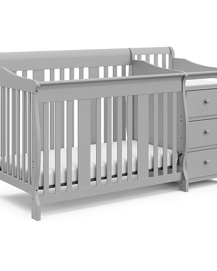 Storkcraft Portofino 5-in-1 Convertible Crib and Changer Combo (Pebble Gray) – Changing-Table with Storage Drawer, Converts to Toddler Full-Size Bed, Daybed - LeafyLoom