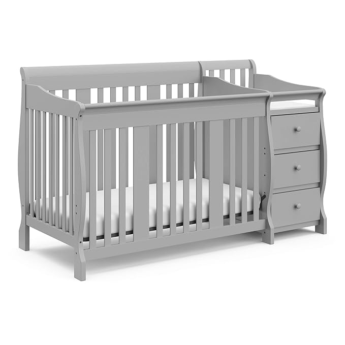 Storkcraft Portofino 5-in-1 Convertible Crib and Changer Combo (Pebble Gray) – Changing-Table with Storage Drawer, Converts to Toddler Full-Size Bed, Daybed - LeafyLoom