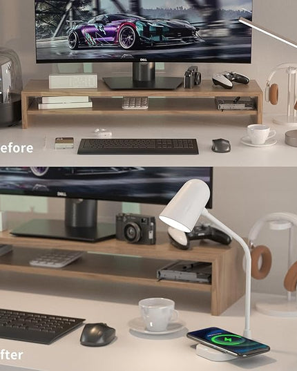 M2 Modern Desk Lamp with 10W Wireless Charging, Bluetooth Speaker, Adjustable Multi-Angle Illumination, 3 Light Color Modes, Dimmable Brightness - Perfect for Office Desk or Bedroom Nightstand(White) - LeafyLoom