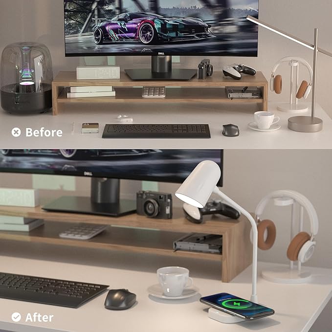 M2 Modern Desk Lamp with 10W Wireless Charging, Bluetooth Speaker, Adjustable Multi-Angle Illumination, 3 Light Color Modes, Dimmable Brightness - Perfect for Office Desk or Bedroom Nightstand(White) - LeafyLoom